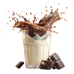 Milk Glass with Chocolate Splash Explosion &ndash; Isolated on Transparent White Background
