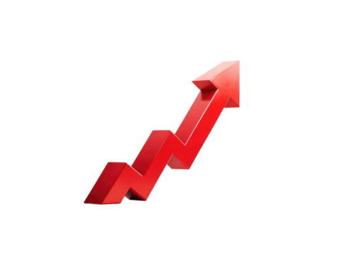 A vibrant red, upward-trending arrow graphic, 3D style, against a solid black background.  The arrow's path is zig-zagging upwards, suggesting a rapid growth trend - Powered by Adobe