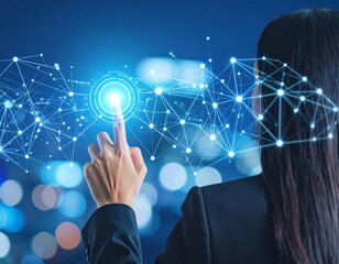 Big Data concept. Digital neural network.Business woman hand touching Introduction of artificial intelligence. Cyberspace of future.Science and innovation of technology.