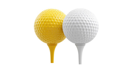 Two golf balls, one yellow, one white, positioned on tee markers