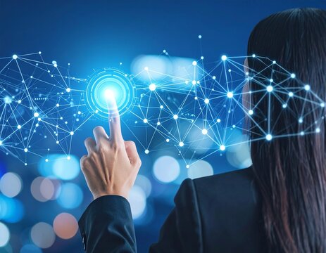 Big Data concept. Digital neural network.Business woman hand touching Introduction of artificial intelligence. Cyberspace of future.Science and innovation of technology.