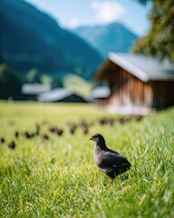 Fototapeta premium Charming Hen Guides Her Chicks Through the Lush Grass in a Picturesque Countryside Setting