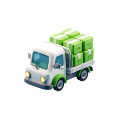 Fototapeta premium Cartoonish white truck with a green bed carrying stacked boxes of money