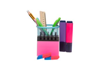 School and office supplies, pens, pencils, ruler, compass in a metal cup on a white background.