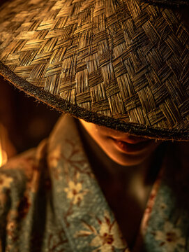 Close-up of a dancer wearing a woven straw kasa hat tilted downward, obscuring the face partially. Kimono fabric with delicate floral patterns visible, softly lit by warm lantern light. 