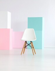 White Chair in Minimalist Cube Room with Pastel Accents