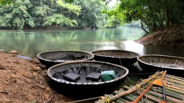 Coracle boats moored on the banks of Kallar river at Adavi, Pathanamthitta, Kerala, India | Adavi Eco Tourism entertainments