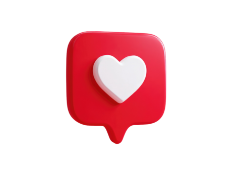 Red square icon with a white heart, 3D style, chat bubble shape - Powered by Adobe
