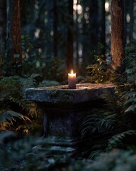A single lit candle on an old stone altar in an empty forest clearing at dusk, representing solitary faith and introspection, photorealistic, warm ambient glow