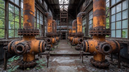 Rust-colored pipes and machinery in an abandoned factory
