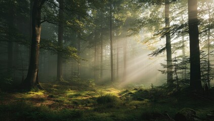 Obraz premium Sunbeams piercing a misty forest (2)