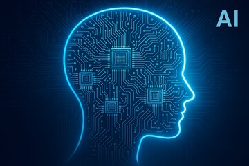 Abstract glowing blue ai brain silhouette with intricate circuit board patterns and digital data flow