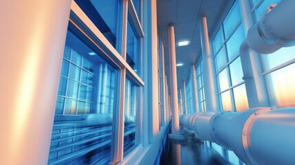 Naklejka premium Modern industrial interior showcasing blue-toned pipes and expansive windows during sunset