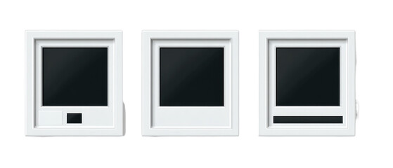 Three white, square, framed displays with dark screens