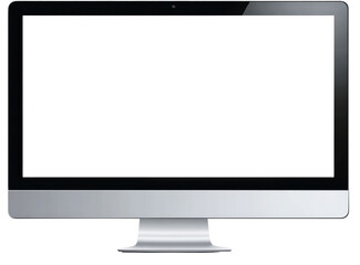 A full-view, front-facing, modern computer monitor.  Glossy, silver-toned bezel and stand.  Blank white screen