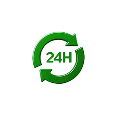 Green 24-hour circular icon.  A glossy, vibrant green circle encloses two interlocking,  3D-style arrows, creating a continuous loop.