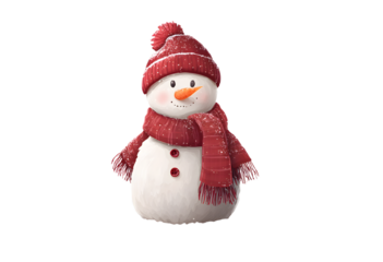 Smiling snowman in red hat and scarf, standing in snow, isolated on transparent cutout background