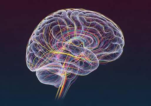 3D Medical Illustration of Human Brain Nerve Tracts from Diffusion MRI Tractography, Colorful Fiber Bundles, Glowing Neon Lines, Transparent Brain, High Detail