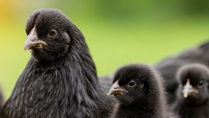 Fototapeta premium Close Encounter With a Black Hen and Her Adorable Fluffy Chicks Enjoying a Sunny Afternoon