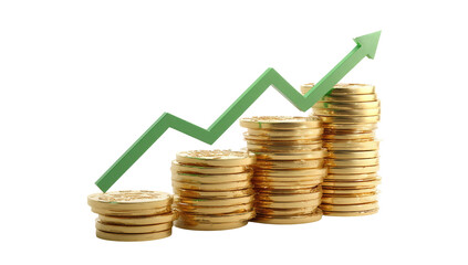 Stacks of gold coins forming a rising graph, with a green upward trendline