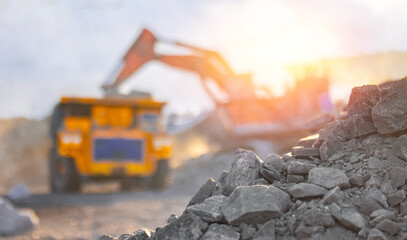Closeup coal in Open pit mine banner. Concept mining industry, sunlight