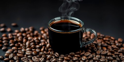 Steaming cup of black coffee beside scattered coffee beans, hot, caffeinated