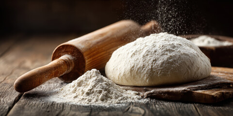 Ball of dough covered in flour sits on wooden board next to rolling pin, with more flour scattered around, creating rustic baking scene