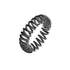 A 3D rendered, coiled ring, metallic gray, against a black background.  The coils are tightly wound and create a complex, textured design
