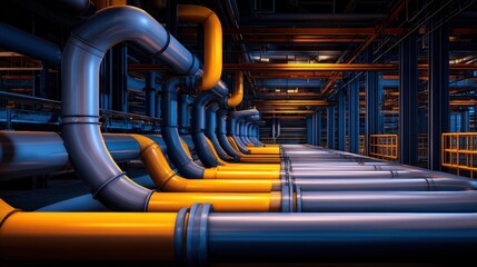 Industrial pipes in a modern facility, showcasing vibrant colors and intricate designs in the background