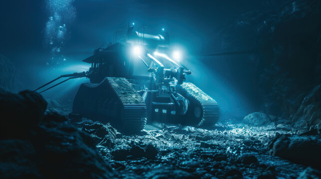 Deep sea mining robot operating on ocean floor
 - Powered by Adobe