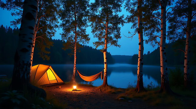 Peaceful riverside campsite with glowing tent and lantern at dusk