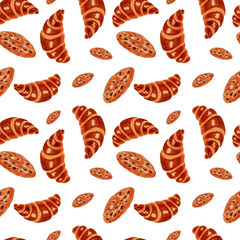 Seamless pattern of chocolate chip cookies and croissants on white background.