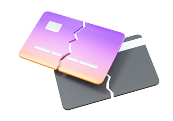 Obraz premium Plastic credit card broken icon on isolated background. Account business financial expire bank service money transaction payment protection online concept. 3d render illustration