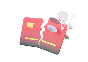 Hook larceny money transaction via credit card broken information on isolated background. payment protection online concept. cyber hacker safety fraud financial online identity. 3d render illustration