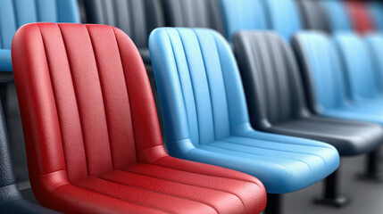 Red and blue stadium seat, empty bench row, plastic chair, closeup, sport arena, indoor, vibrant color