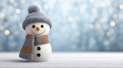 Obraz premium Cheerful snowman with gray hat and striped scarf standing in snowy winter wonderland, smiling joyfully
