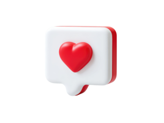 3D like button with a heart.  A red heart graphic is centrally located on a white speech bubble-like icon.  Red and white colors.  Modern design