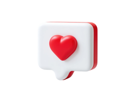 3D like button with a heart.  A red heart graphic is centrally located on a white speech bubble-like icon.  Red and white colors.  Modern design