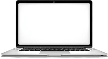 Front view of a modern laptop computer.  Blank screen, silver/gray body
