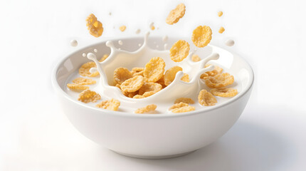 Honey-nut cereal splashing into milk; vibrant, appetizing breakfast bowl image; studio shot.