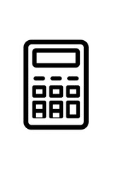 Simple black outline graphic of a calculator.  A rectangular calculator shape, with a display screen and key pad, is outlined in a thin, solid black line.  No color, just black on black background