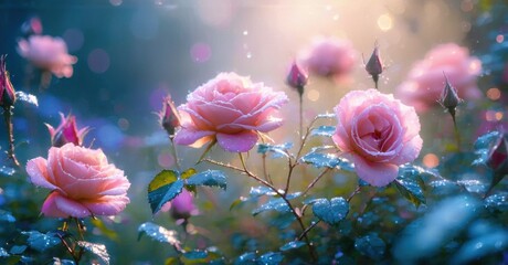 Obraz premium Pink roses bloom, glistening with dew. Sunlight filters through, creating soft, dreamy atmosphere. Beautiful floral scene.
