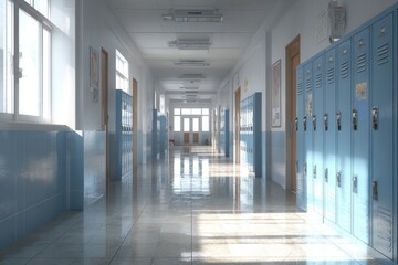 Empty school hallway and lockers with tiled floor. Long corridor in a high school with a rows of traditional metal blue lockers on both sides of the wall. Vivid bright colors. Interior no people