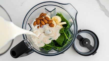 Top view of blender filled with spinach, banana, almond milk, healthy smoothie preparation, clean modern background, diet lifestyle.