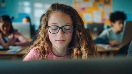 Medium shot with focused student using computer for remote learning blurred group of classmates emphasizing technological inclusion and diverse learning styles. - Powered by Adobe