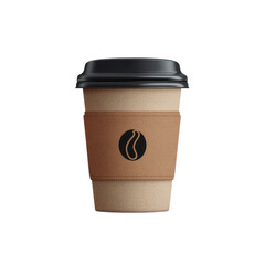A disposable coffee cup with a brown paper sleeve and black lid.  The sleeve has a simple coffee bean graphic