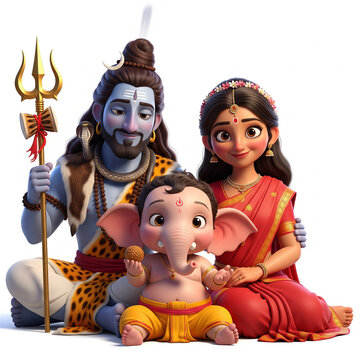 Shiva Parvati with Baby Ganesha &ndash; Hindu Divine Family Artwork