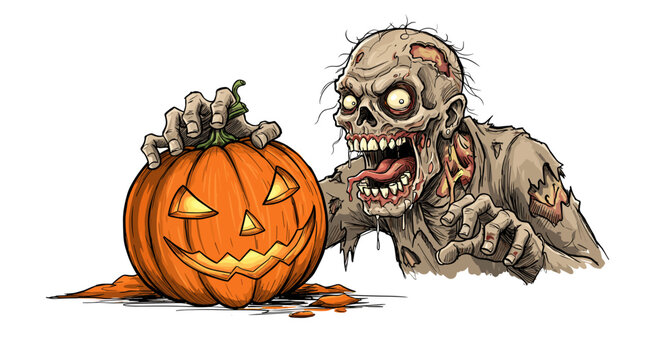 Retro sketch zombie eating evil pumpkin Halloween, vector illustration, fresh Halloween design 2025 for web and print