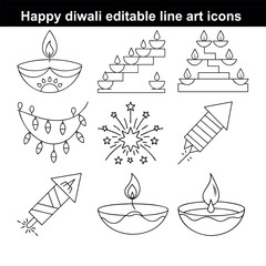 Diwali Celebration Vector Icon Collection Hand Drawn Line Art of Oil Lamps Rangoli Goddess Lakshmi Ganesha Coins Flowers Musical Instruments and Festival Decor
