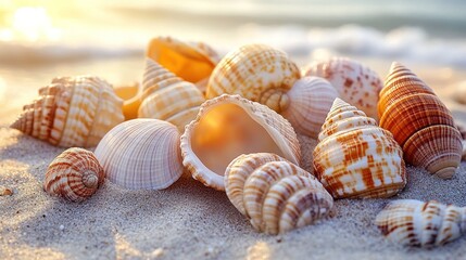 Seashells on sandy beach at sunrise